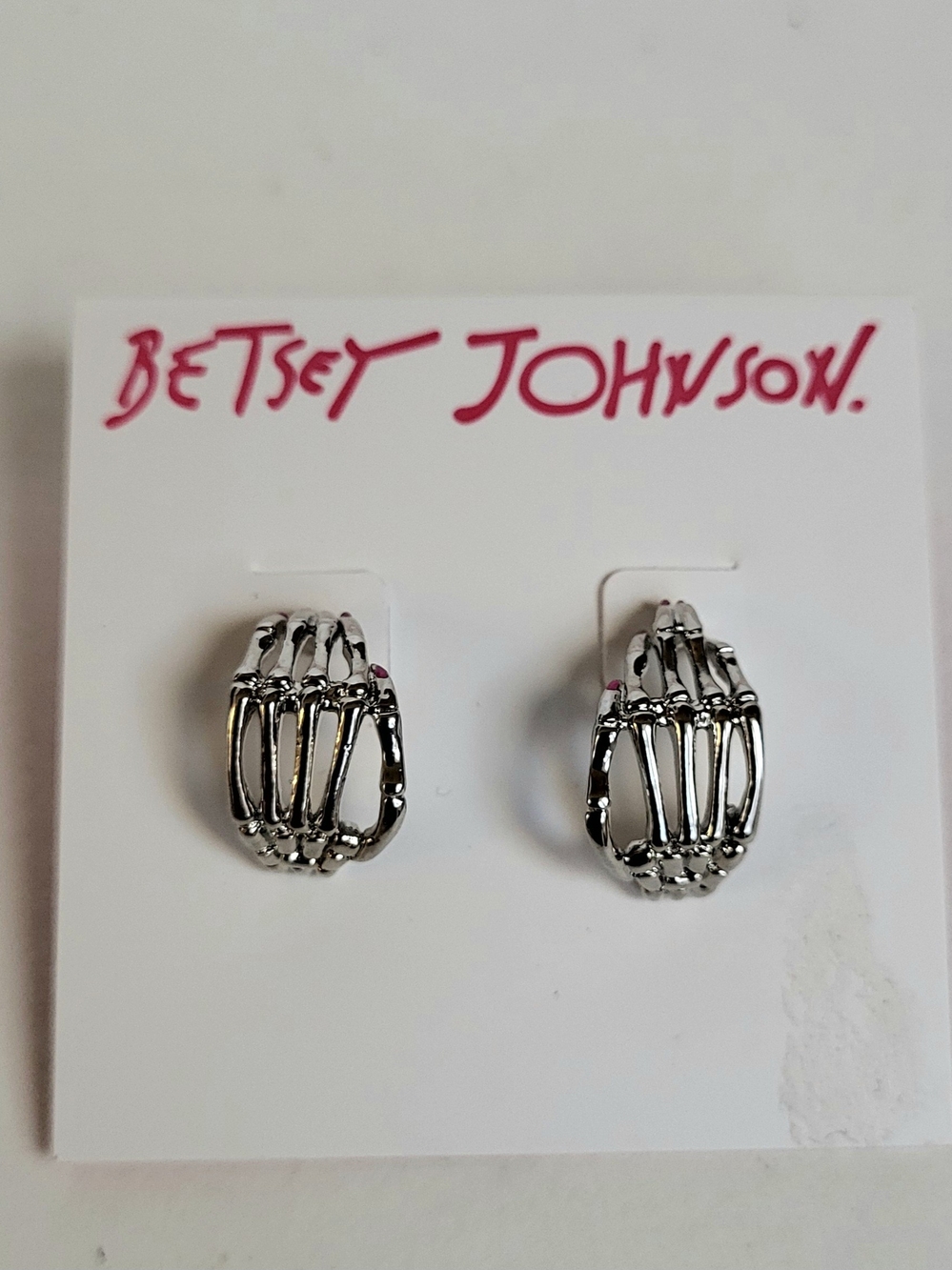 Betsey Johnson Silver Skeleton Hand Huggie Hoop Earrings